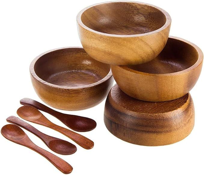 Small Round Wood Bowls 4 Pcs 2¾" Diameter Stackable Acacia Wooden Bowl Set with 4 spoons for ser... | Amazon (US)