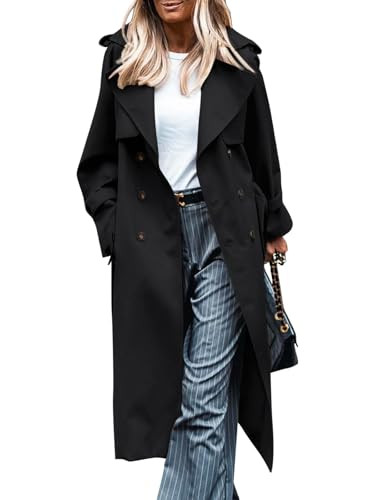 LILLUSORY Womens Double Breasted Long Trench Coat Dressy Overcoat with Belt Fall Winter Fashion Trendy Clothes Outfits 2025 Black S | Amazon (US)