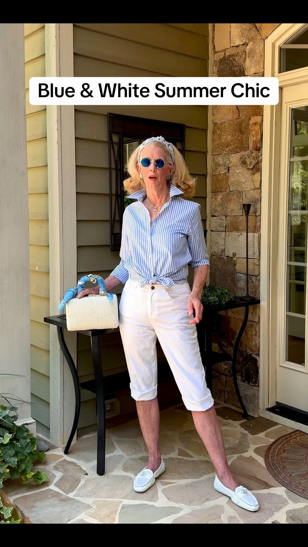 Blue and white is classic summer chic coloration! Add a trendy jeweled headband, crisp Striped shirt, Jean Capris, flat mesh loafers, and a woven white bag with a scarflace accenting the handle and nostalgic round sunglasses.  Perfect for an all day excursion or sunset cruise. #fyp #trending #blueandwhite #jeans #fashionista

#LTKOver40 #LTKootd #LTKSeasonal