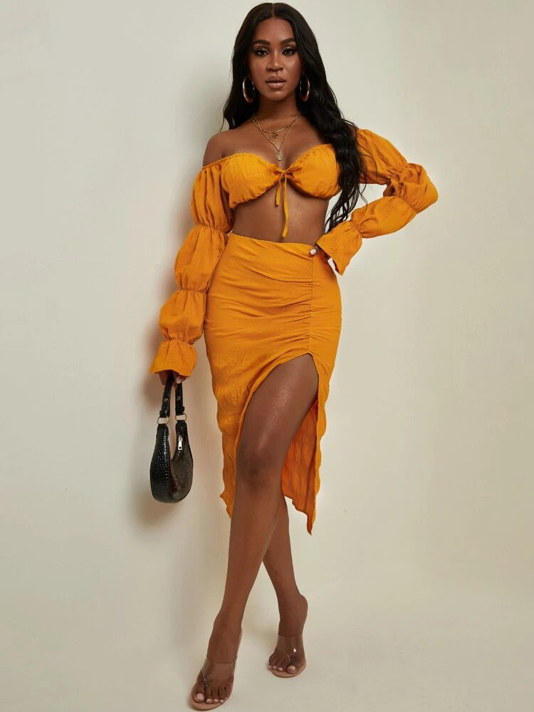 SHEIN Knot Front Gathered Sleeve Top & Split Thigh Skirt Set | SHEIN
