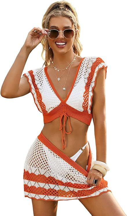 GORGLITTER Women's 2 Piece Crochet Cover Up Set Hollow Out Backless Beach Swim Coverups Swimsuit | Amazon (US)
