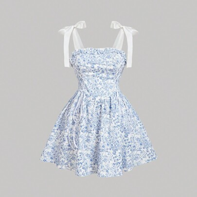 Plus Size Women Blue Floral Print Belted Vintage Court Flared Skater Dress Blue Short Dress,Grad Dress | SHEIN