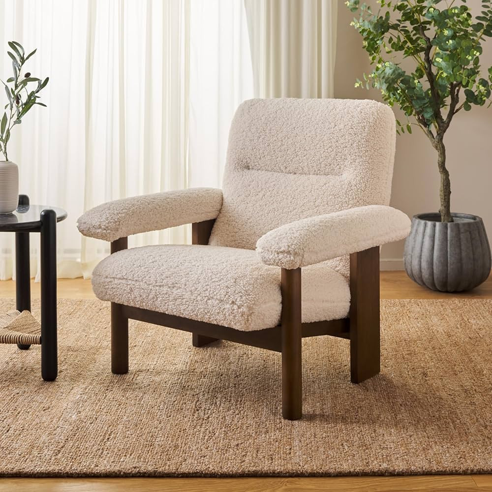 SAFAVIEH Home Collection Attwell Cream Faux Shearling/Brown Solid Wood Legs Accent Chair (Fully A... | Amazon (US)