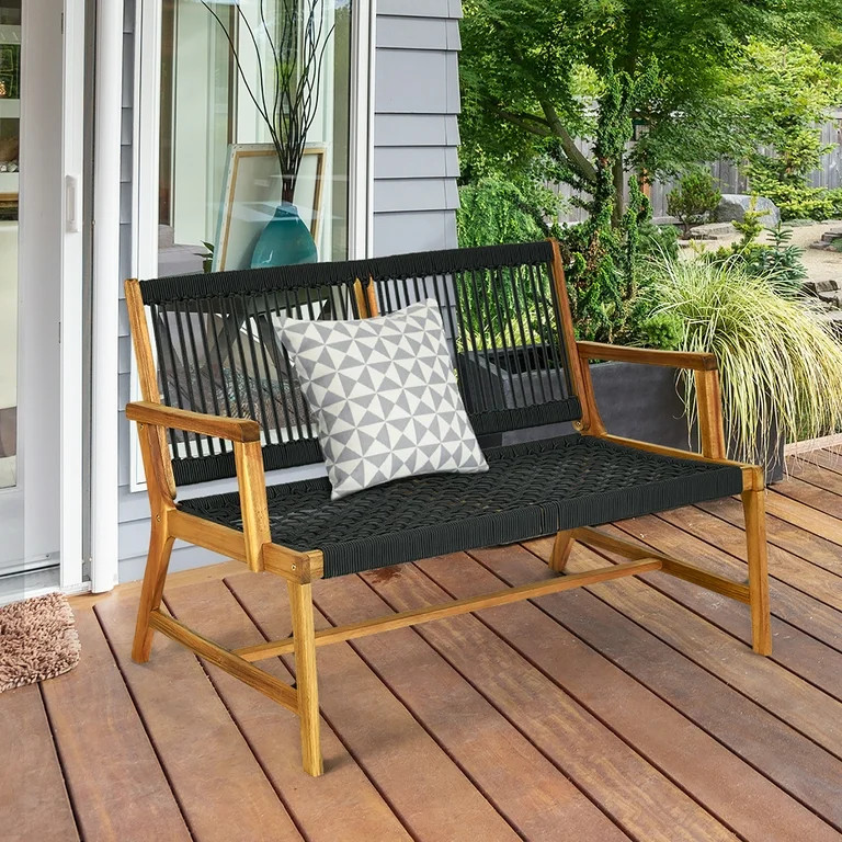 Costway 2-Person Patio Acacia Wood Bench Loveseat Chair Garden Furniture Black - Walmart.com | Walmart (US)