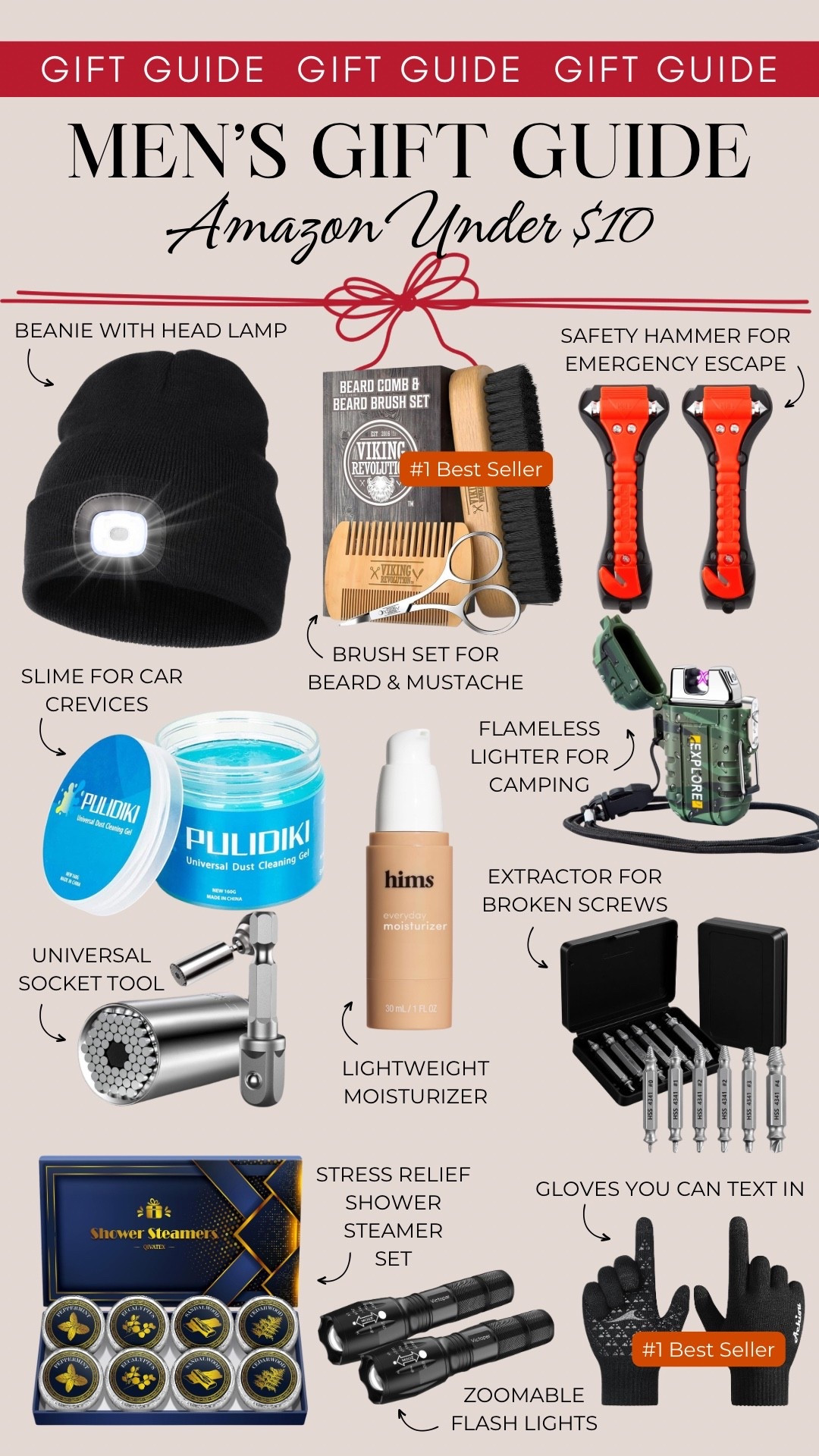 Amazon under $10 gifts for men include a beanie with an LED head lamp, beard and mustache grooming kit, a set of safety hammers, slime for car crevices, lightweight moisturizer, flawless lighter for camping, universal socket tool, extractor for broken screws, stress relief shower steamer set, zoomable flashlights, and gloves you can text in.

Gifts for him, gifts under 10, gifts under 25, gifts for dad, gifts for grandpa

#LTKMens #LTKGiftGuide #LTKHoliday