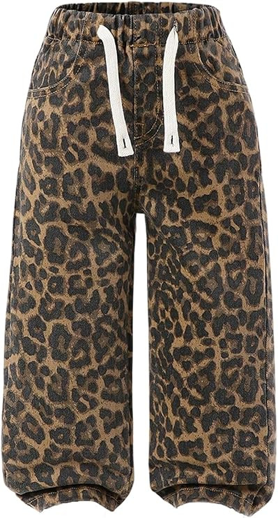 Verdusa Girl's Leopard Print Wide Leg Jeans Drawstring High Waisted Denim Pants Baggy Trousers | Amazon (US)
