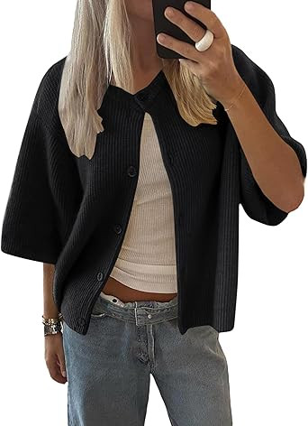Lomon Womens Spring Summer Short Sleeve Cardigan Sweaters Trendy Crew Neck Button Down Lightweigh... | Amazon (US)