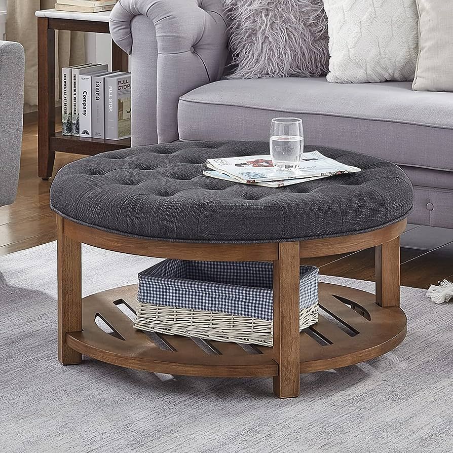 24KF Large Round Upholstered Tufted Linen Ottoman Coffee Table, Large Footrest Ottoman with Wood ... | Amazon (US)
