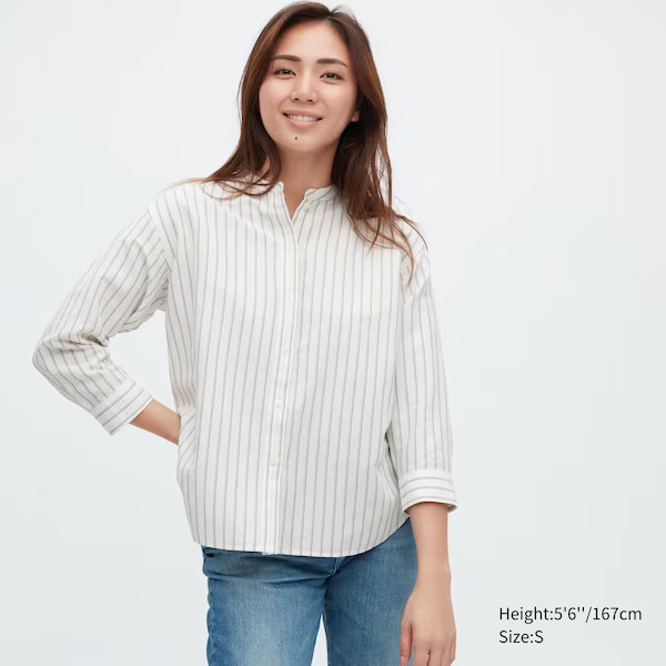 Linen Blend Band Collar 3/4-Sleeve Shirt | UNIQLO (US)