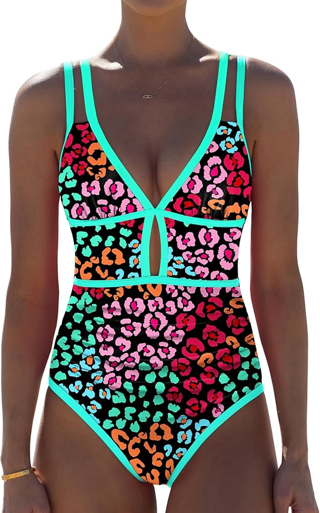 popvil Women One Piece Swimsuit 2026 Tummy Control Sexy Cutout Neon Color Block Bathing Suit Slim... | Amazon (US)