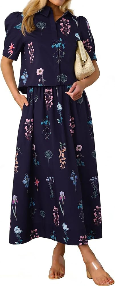 Tankaneo Womens Floral 2 Piece Skirt Set Summer Puff Sleeve Crop Blouse and Maxi Dress Outfits Ma... | Amazon (US)