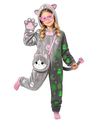 Halloween Glow in the Dark Cat Costume for Girls, Kids Animal Onesie Outfit | Amazon (US)