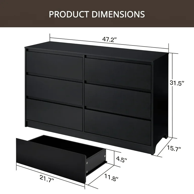 CHITOOMA 6 Drawer Double Dresser, 47.2" Adult Wood Storage Side Cabinet Chest of Drawer for Bedro... | Walmart (US)