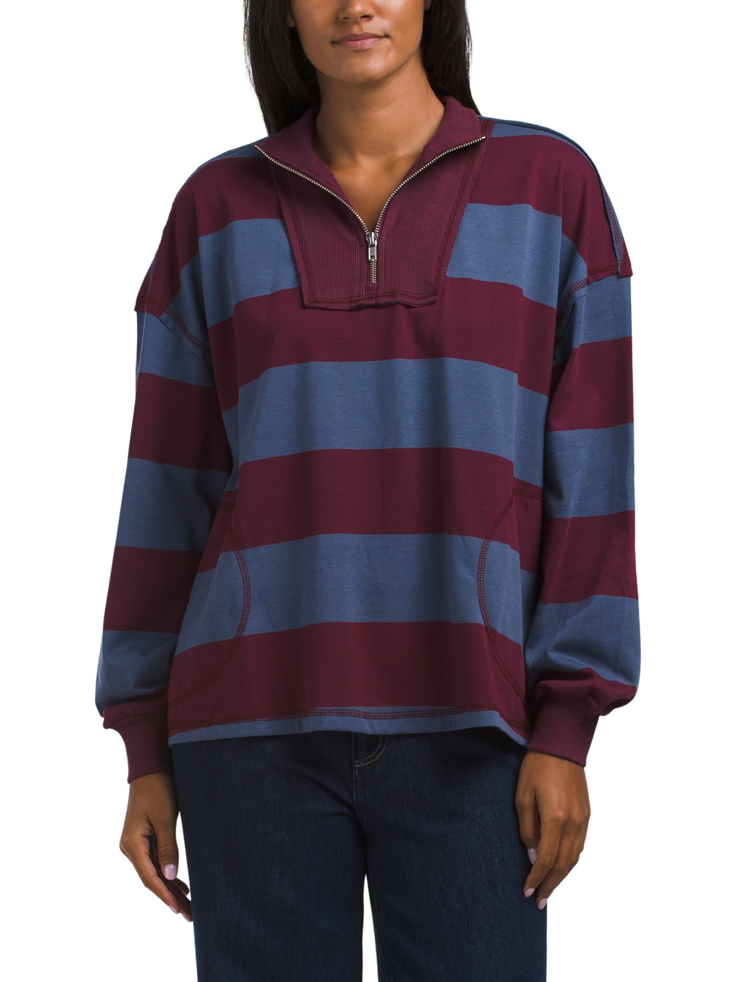 Half Zip Striped Knit Sweatshirt | TJ Maxx