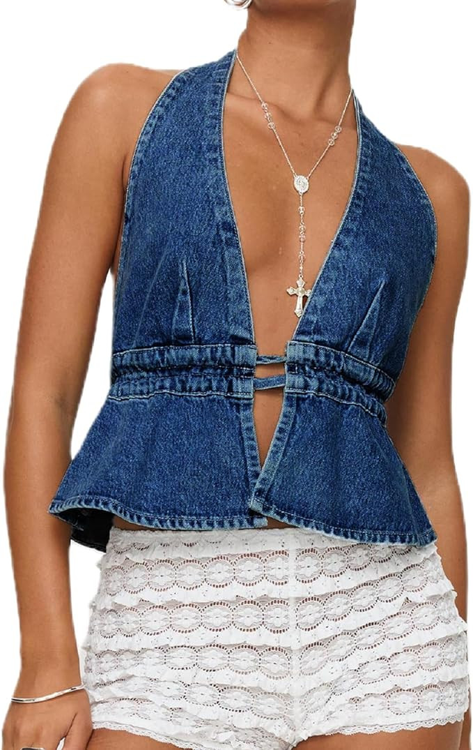 Women Sexy Deep V Neck Halter Denim Tank Top Tie Up Back Solid Color Backless Jean Vest Strapless... | Amazon (US)