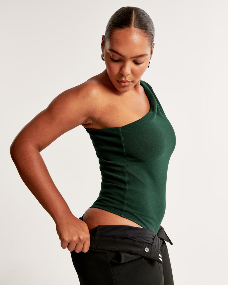 Long-Sleeve Crepe Asymmetrical One-Shoulder Bodysuit | Abercrombie & Fitch (US)