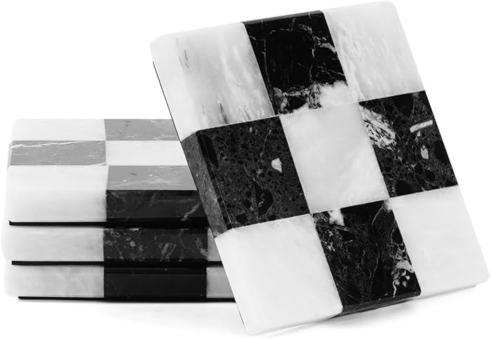 Marble Coasters Set of 4, Zebra Black & White Handmade 4 inch Square Checkered Stone Coaster, Dri... | Amazon (US)