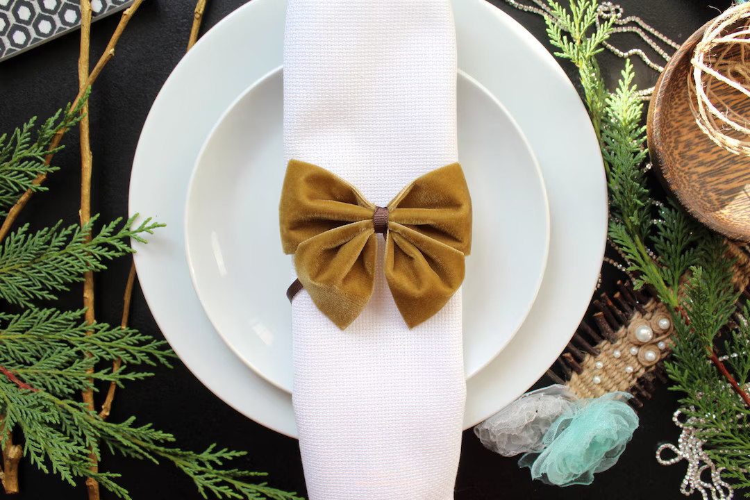 Velvet Bow Ties/xmas Napkin Rings Velvet/velour/old Gold Velvet Round Napkin/christmas Ornament/b... | Etsy (US)