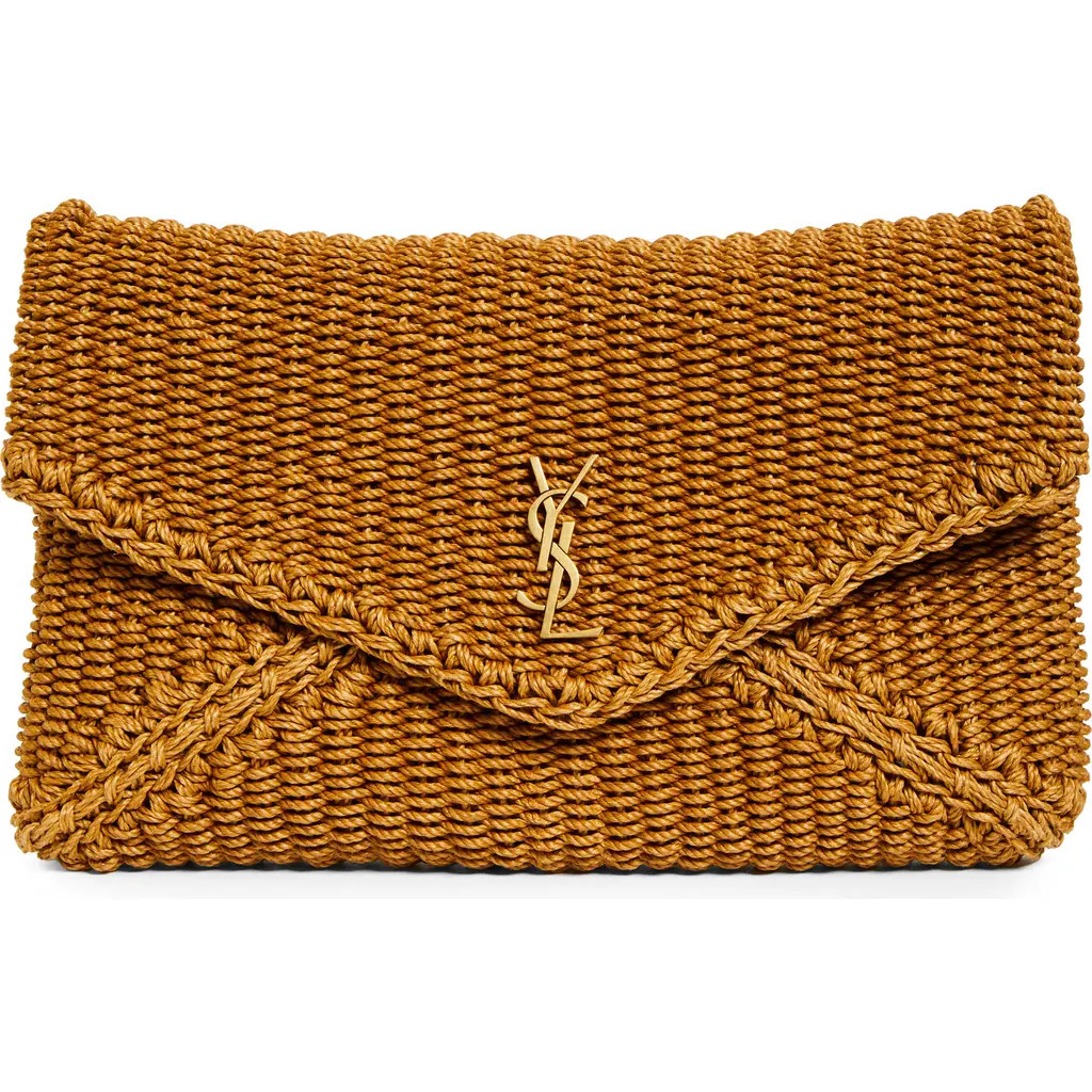 Saint Laurent Large Woven Raffia Envelope Clutch in Light Brownie at Nordstrom | Nordstrom
