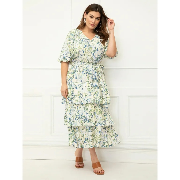 ELOQUII Elements Women's Plus Size Tiered Midi Dress With Tie | Walmart (US)