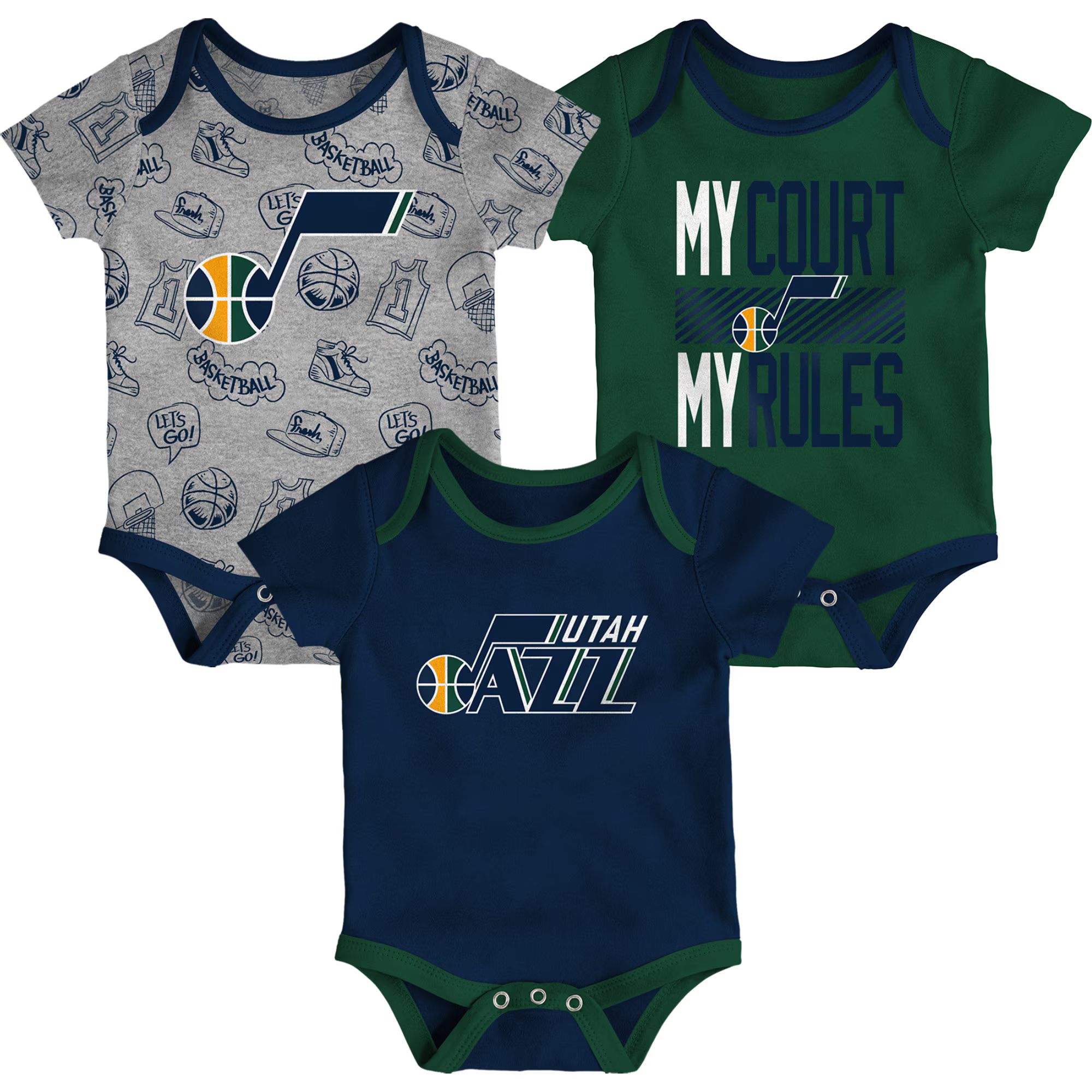 Infant Utah Jazz Green/Navy/Heathered Gray Trifecta 3-Piece Bodysuit Set | NBA Shop
