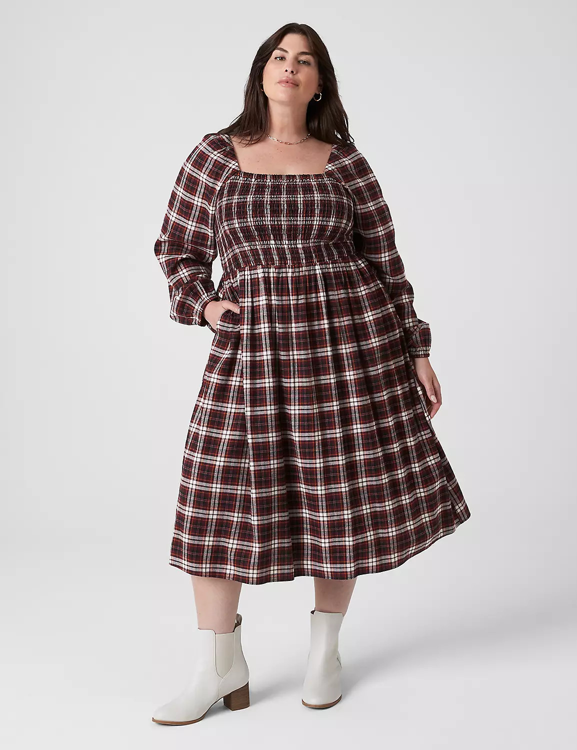 Square-Neck Smocked Plaid Midi Dress | LaneBryant | Lane Bryant (US)