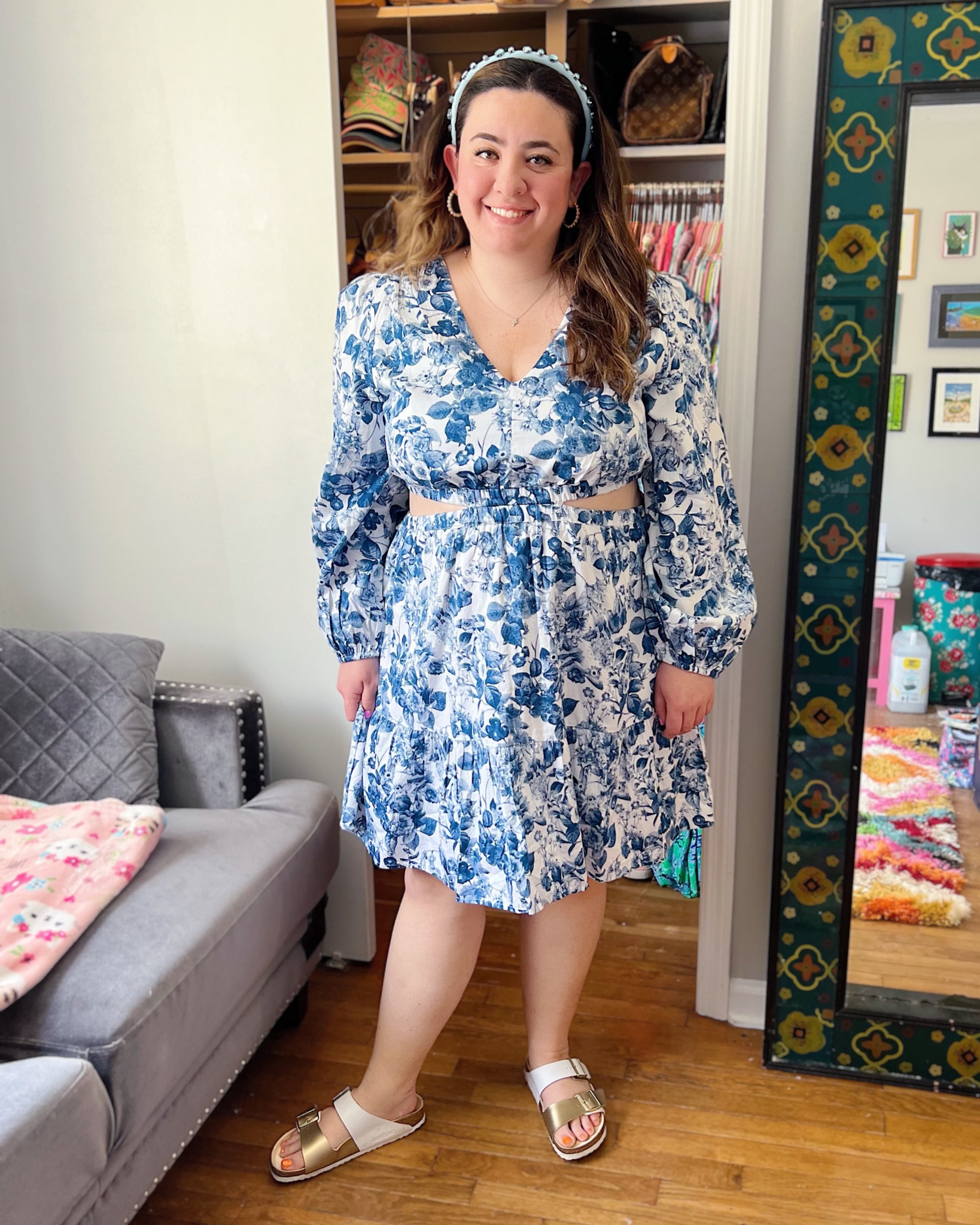 Blue and white dress with side cutouts 💙🤍 Amazon dress, Amazon find, Amazon fashion, affordable fashion, blue and white floral print dress, plus size dress, size inclusive dress, grand Millennial style, gold and white Birkenstocks, thin rhinestone headband, summer dress, occasion dress 

#LTKSeasonal #LTKunder100 #LTKFind