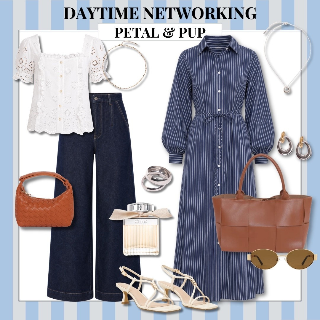 Daytime networking calls for pieces that can carry you from coffee meetings to lunch and whatever gets added to the calendar after. I love the mix of crisp blue and white, dark denim and warm leather accessories here. It feels professional without being too corporate.

daytime networking outfit, business casual style, networking event outfit, Petal and Pup, striped shirt dress, wide leg denim, workwear inspiration, professional style, event outfit, office style, fall transition outfit, AudrieDollins

#LTKWorkwear #LTKootd #LTKOver40