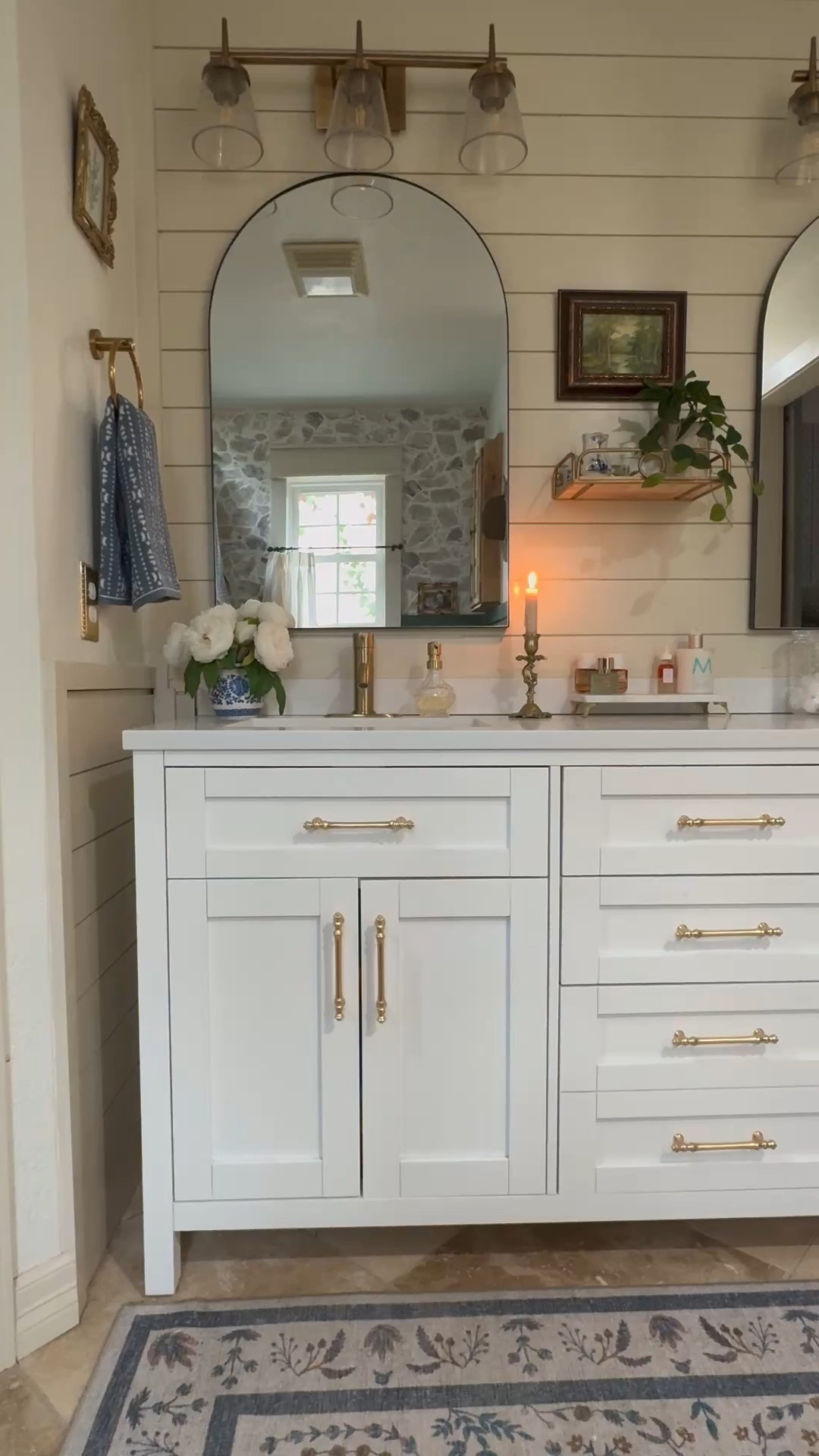 Bathroom vanity, faux stone, gold cabinet hardware, cabinet pulls, hand towels, rug, mirror, bathroom vanity light

#LTKHome #LTKSeasonal #LTKSaleAlert