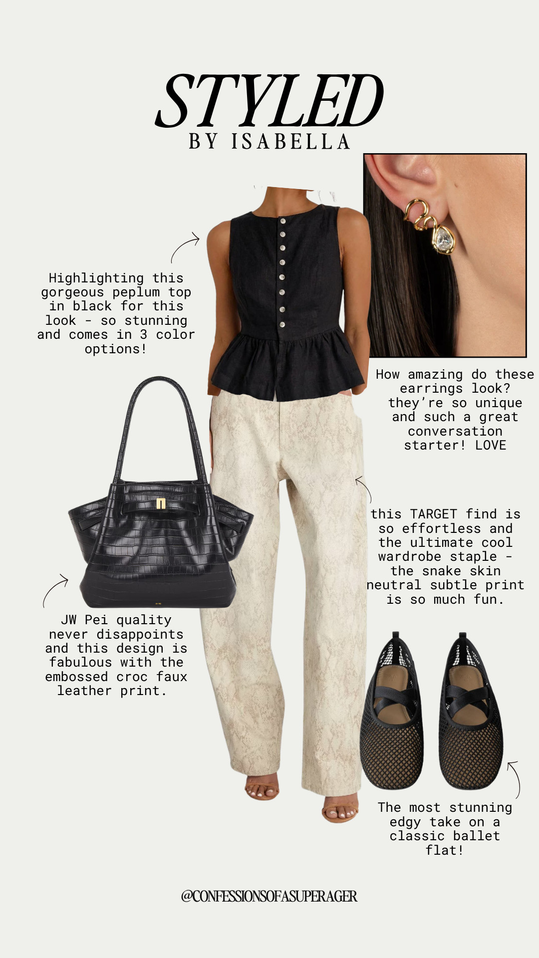 Effortless spring chic in one look 🖤 This elevated outfit features a flattering black peplum top, neutral snake print pants, and statement mesh ballet flats—perfect for creating a polished, modern wardrobe with versatile staples you’ll wear on repeat. Styled with a designer-inspired JW Pei bag and unique gold earrings to instantly elevate your everyday style, this look blends timeless neutrals with trend-forward details. Tap to shop these must-have pieces and refresh your spring wardrobe! #SpringStyle #ChicOutfits #PeplumTop #NeutralStyle #BalletFlats #JWPei #EffortlessStyle #EverydayOutfits #ClassicWithATwist #LTKStyle #ConfessionsOfASuperager 

 

#LTKootd #LTKSeasonal #LTKSaleAlert