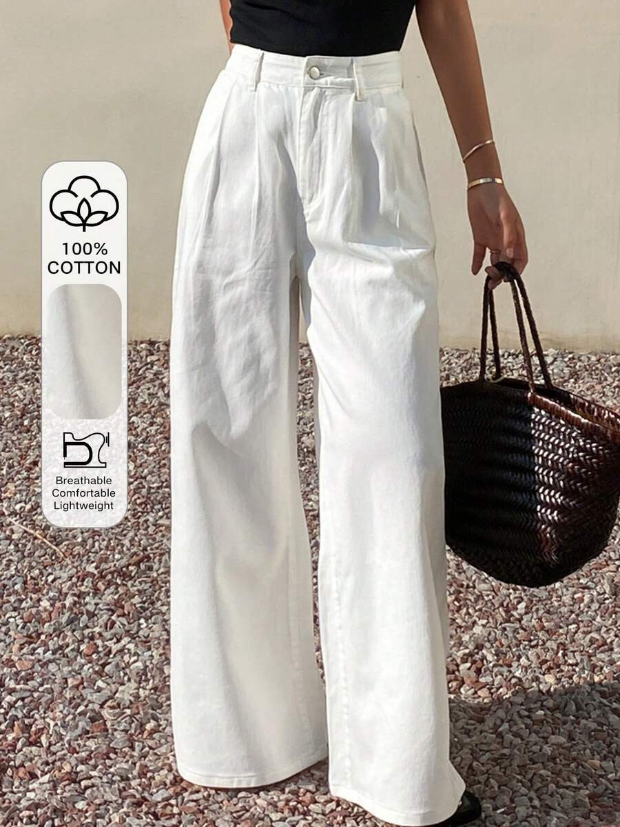 Strévra Women's Casual White Basic Loose Straight Leg Pants, Versatile Business Casual Style For... | SHEIN