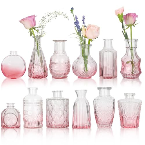 STARSIDE Set of 12 Pink Glass Bud Vases for Wedding Centerpieces - Mini Vintage Vases Bulk for Home Table Decor, Party Rustic Decorations | Amazon (US)