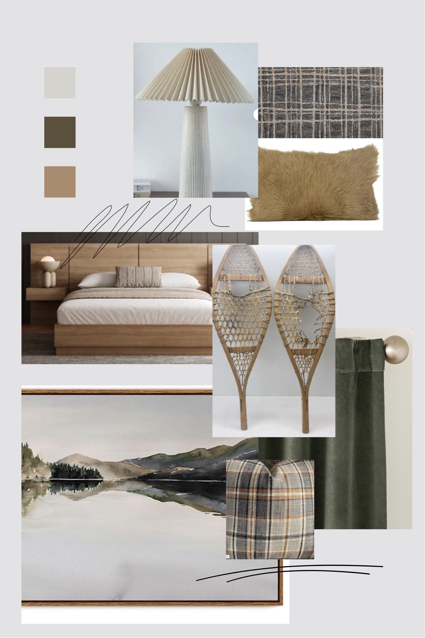 mountain house guest bedroom mood board with masculine earth-y tones, plush linens and fur accents #guestbedroom #mountainhouse #bedroomdesign 