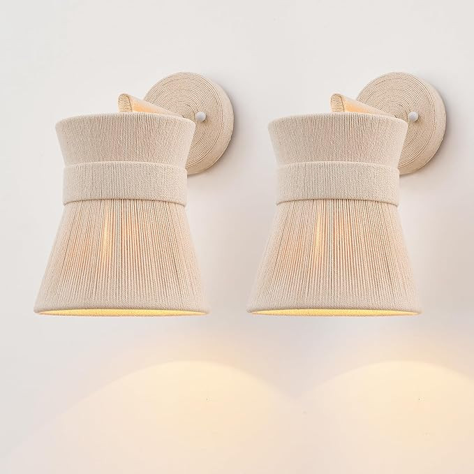 Set of Two Hand Woven Wall Sconces Boho Wall Lamp White Coastal Wall Lights for Bedside Hallway V... | Amazon (US)