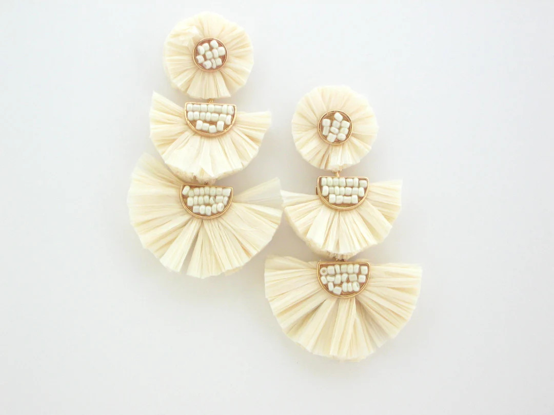 Raffia and bead tassel earrings - Ivory - Large Statement Earrings /Boho earrings | Etsy (US)