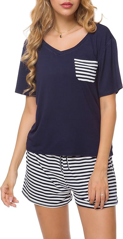 Women Nightwear Short Sleeve Shirt and Shorts Pajama Set V Neck Sleepwear | Amazon (US)