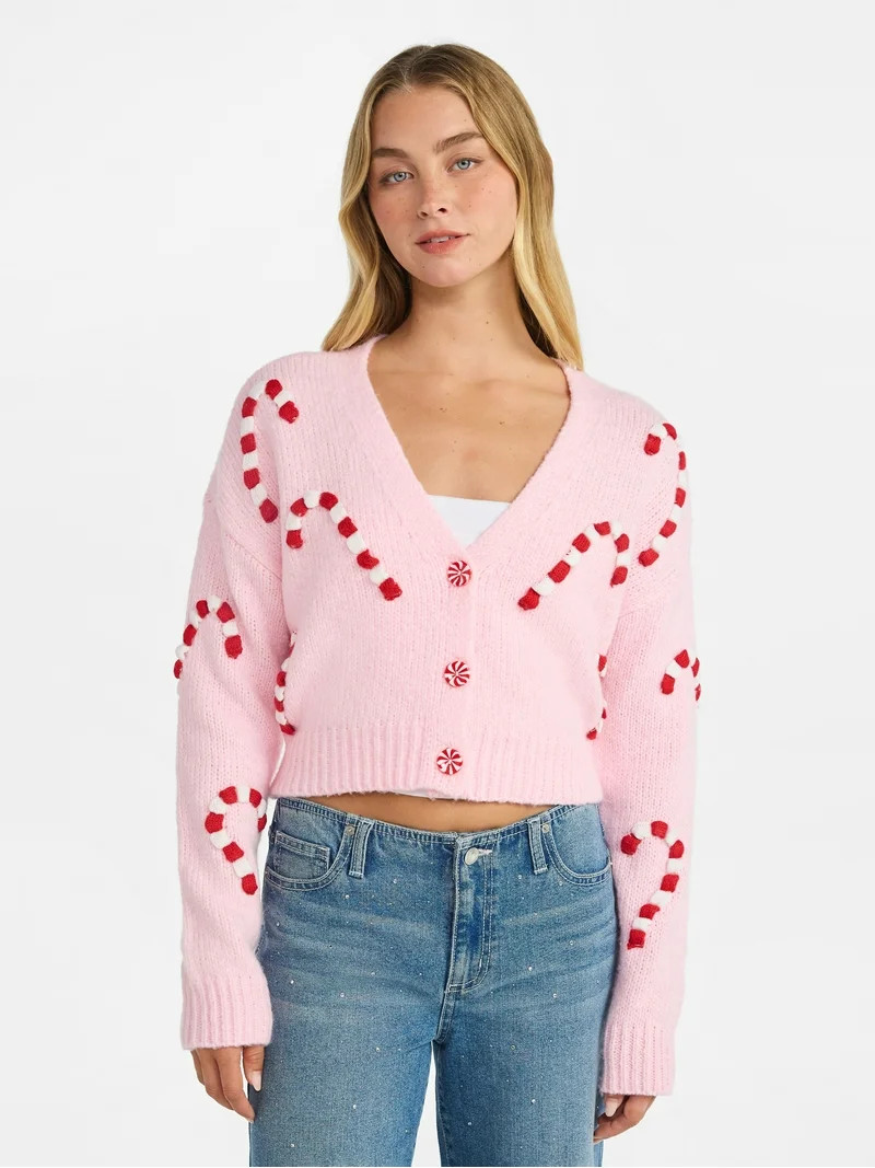 No Boundaries Embroidered Christmas Cardigan, Women's & Women's Plus | Walmart (US)