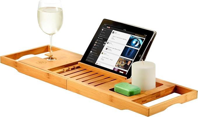 Premium Bamboo Bathtub Tray Caddy - Expandable Wood Bath Tray with Book/Tablet Holder, Wine Glass... | Amazon (US)