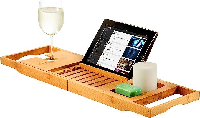 Premium Bamboo Bathtub Tray Caddy - Expandable Wood Bath Tray with Book/Tablet Holder, Wine Glass... | Amazon (US)