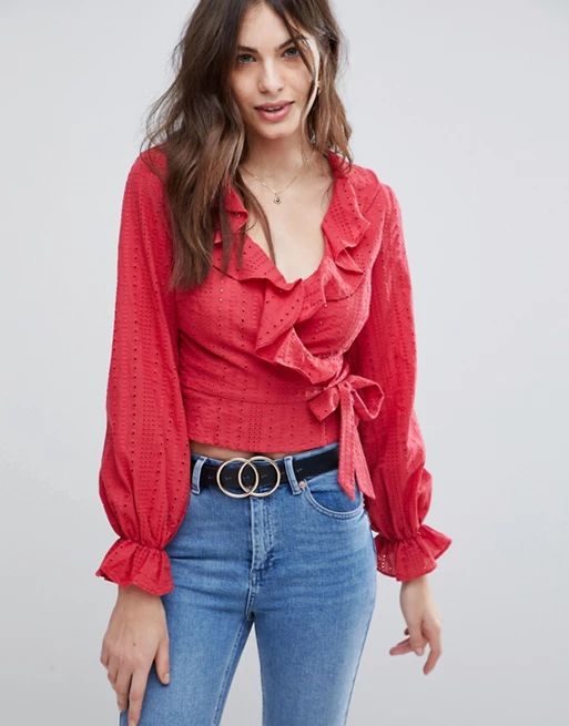Fashion Union Wrap Front Shirt With Ruffle Layer In Broderie | ASOS US