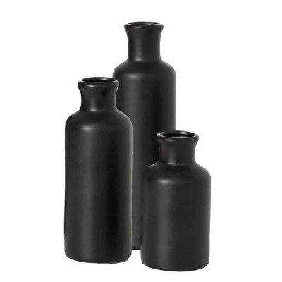 Sullivans Matte Black Set of 3 Small Ceramic Bottle Vases 5"H, 7.5"H & 10"H Black | Target