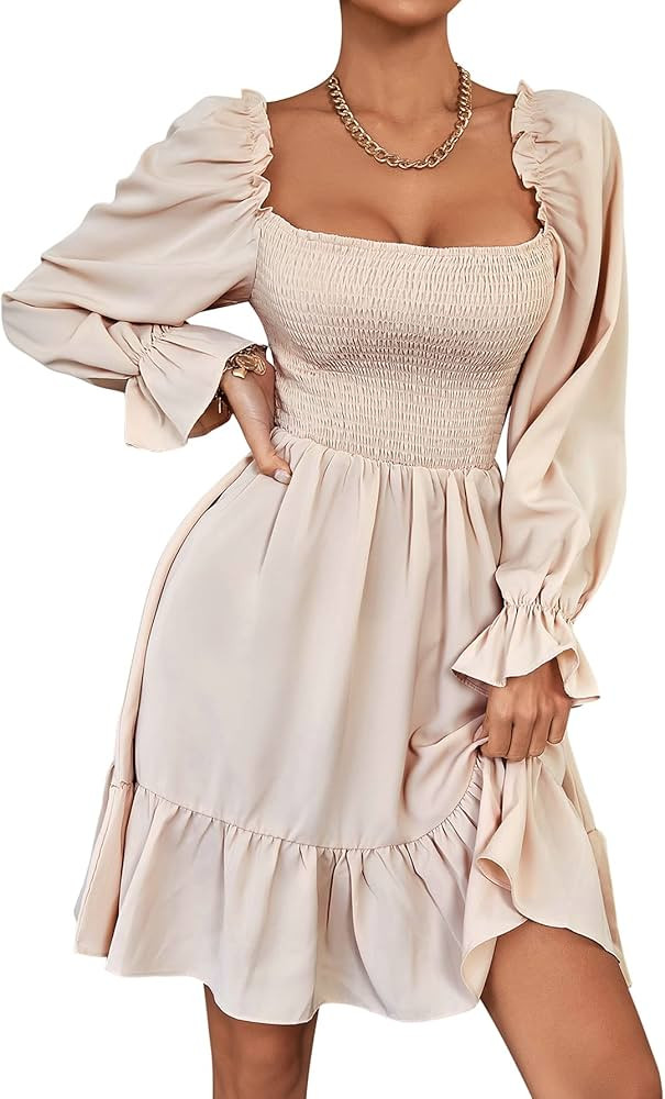 LYANER Women's Square Neck Lantern Long Sleeve Ruffle Shirred Flowy Party Mini Dress | Amazon (US)
