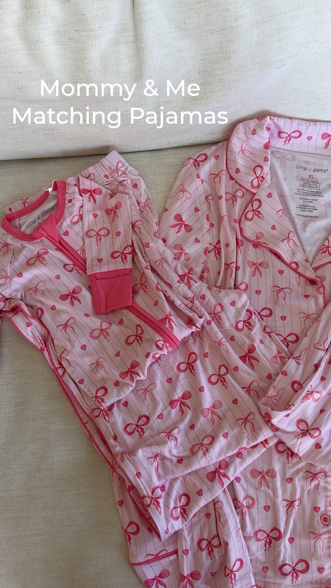 Bow pajamas for mommy and me matching! Part of Katy Harrell, Mumuandmacaroons collection with Tiny Jams to raise money for the triple negative breast cancer foundation. I got size XS and they fit true to size. I got Em 18-24 and baby sister 0-3. I think their kids sizes are a little big! 

#LTKKids #LTKBaby #LTKFamily