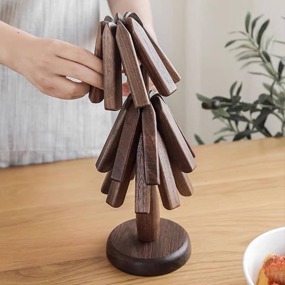 Wooden Trivet Pads Set, 3 Heat Resistant Pot Holders, Non-Slip Foldable Wood Coaster, Christmas T... | Amazon (US)