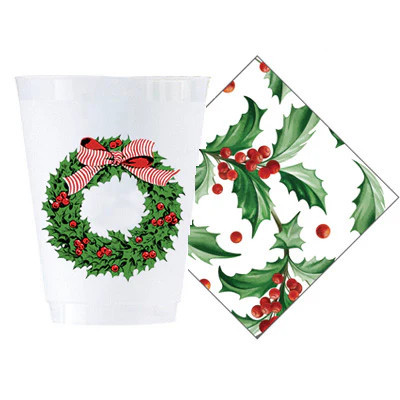 Bundle: Holly Wreath Shatterproof Cups + Holly Cocktail Napkins | WH Hostess Social Stationery