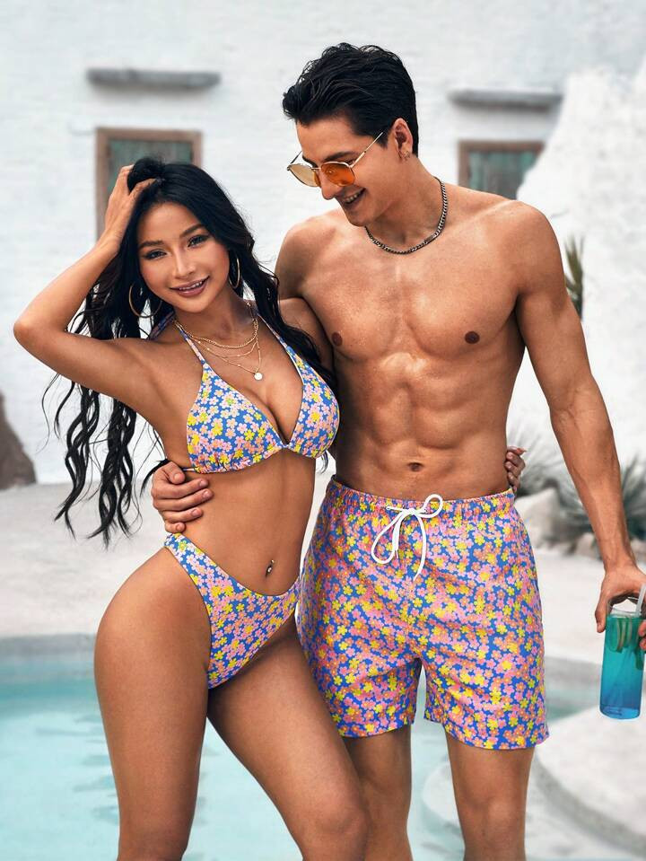 Men's Beach Shorts With Small Floral Print And Drawstring Waist | SHEIN