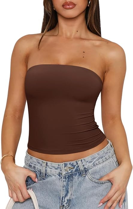 REORIA Women's Strapless Tube Tops Double Lined Non-Slip Y2K Crop Tank Top | Amazon (US)
