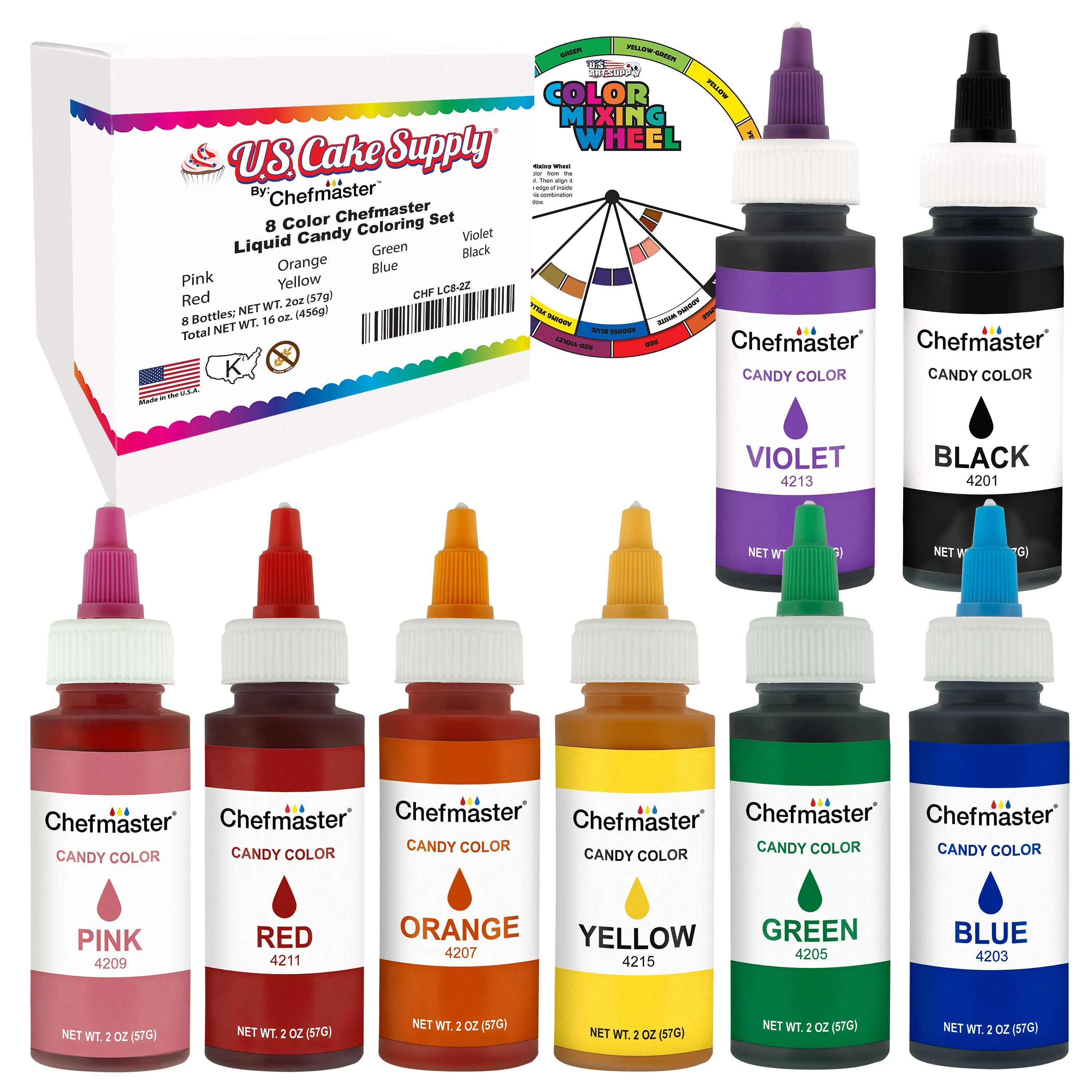 U.S. Cake Supply 2-ounce Liquid Candy Food Color 8 Bottle Kit with Mixing Wheel | Walmart (US)