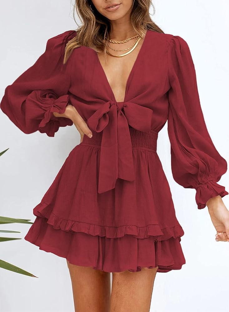 AlvaQ Womens Spring Summer Knot Front V Neck Ruffles Long Sleeve Floral Print Swing Mini Dress | Amazon (US)