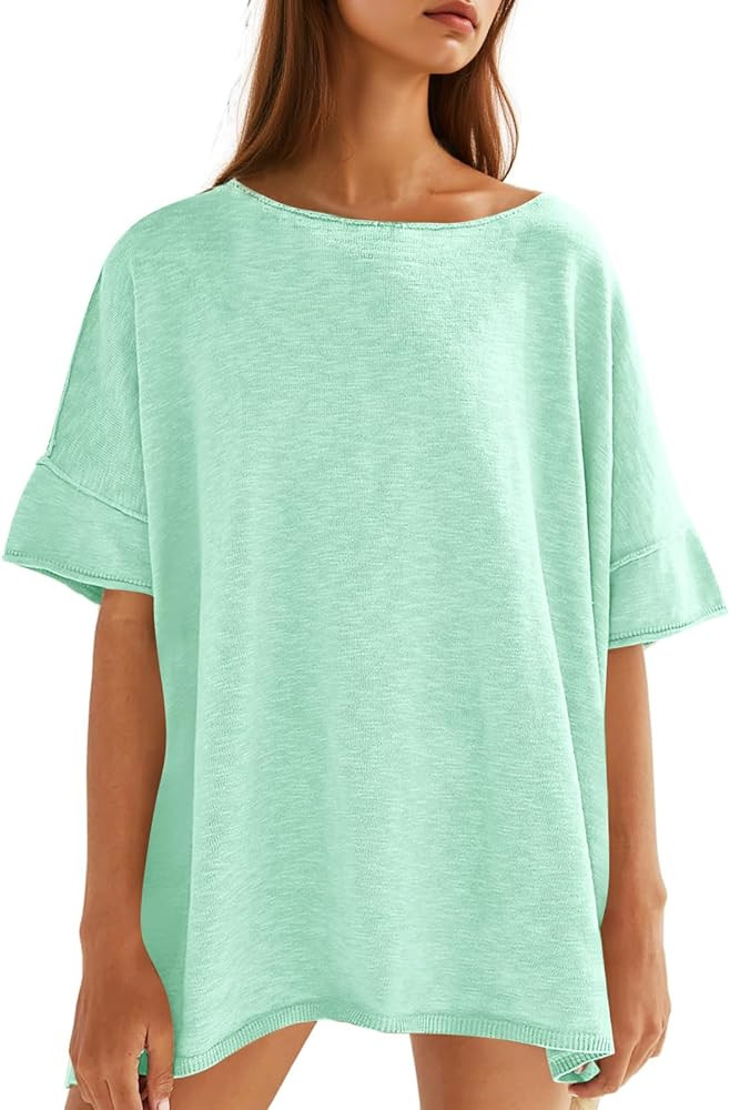 Tankaneo Women's Oversized T Shirts Casual Summer Crew Neck Loose Dropped Short Sleeve Side Slit ... | Amazon (US)